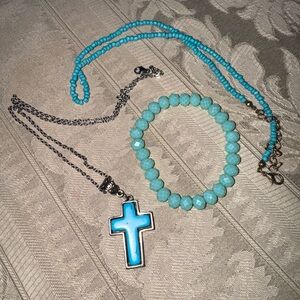 Turquoise Beaded Necklace and Bracelet Set with Cross Pendant
